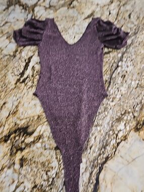 Astr Shimmery Purple Puff-Sleeve One-Piece Bodysuit. Size L